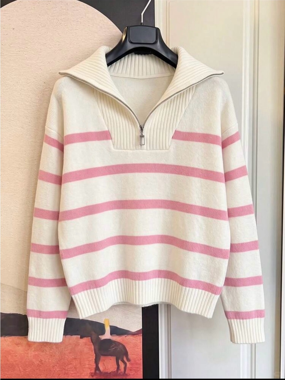 SHEIN Cream and Pink Striped Half-Zip Turtleneck Sweater